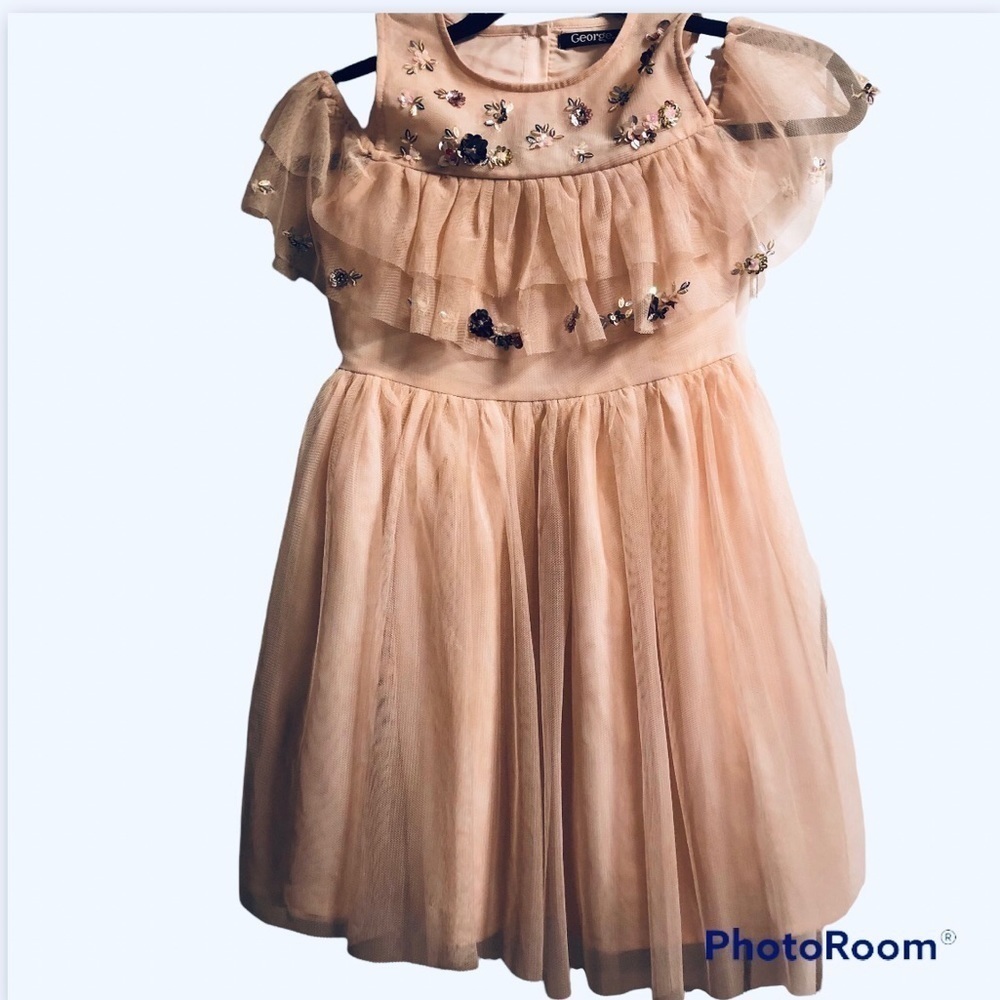 💜3/&30 Size 8 Peach Blush  Cold Shoulder Sequinned Tulle Party Dress